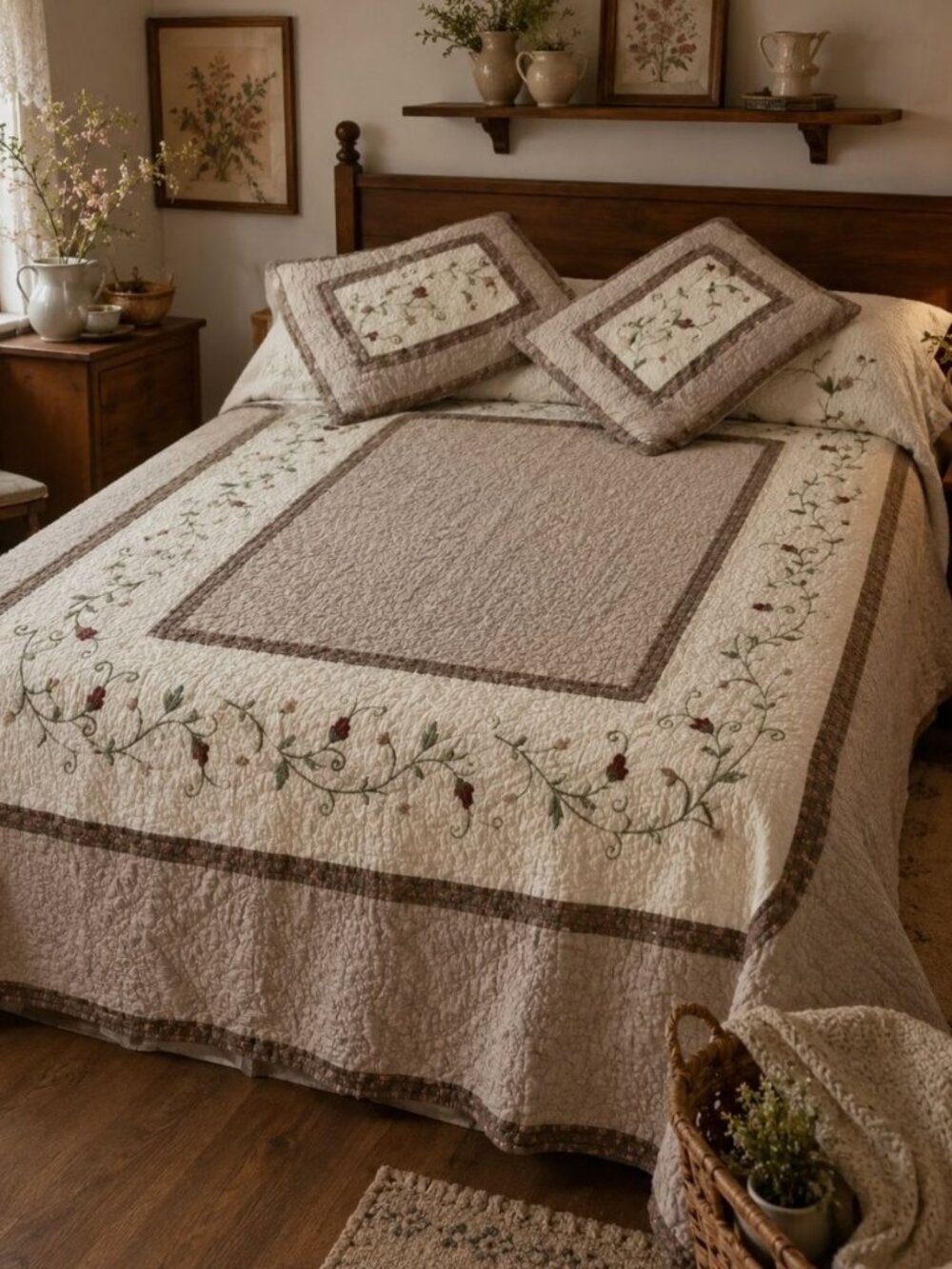 Home Classics Queen/Full Floral Embroidered Reversible Quilt Shams Set Cotton*